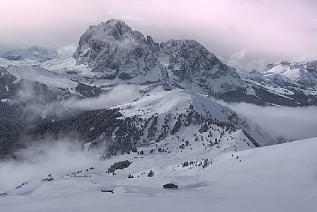 Winter landscape of Gardena valley, South Tyrol, Italy