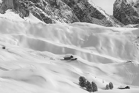 Winter landscape in val Gardena valley, dolomites, Italy
