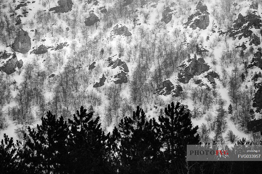Patterns in the snow in a succession of black and white, Sibillini national park, Italy, Europe