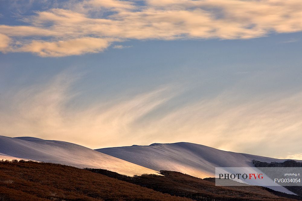 Fairytale atmosphere on a winter afternoon in Castelluccio di Norcia, Sibillini national park, Umbria, Italy, Europe