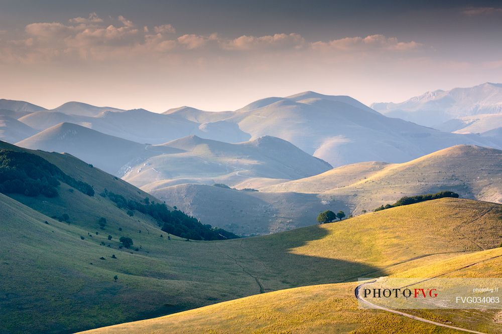 View from the Pantani of Accumoli towards Sibillini mountain range, Marches, Italy, Europe