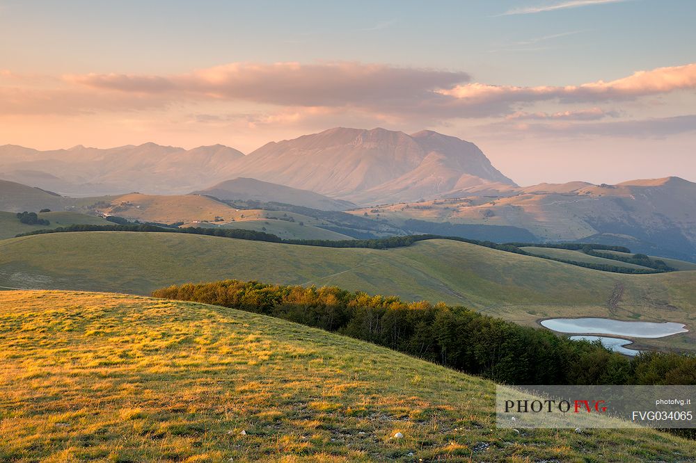 View from the lake of Pantani of Accumoli towards Vettore mountain in the Sibillini national park, Umbria, Italy, Europe