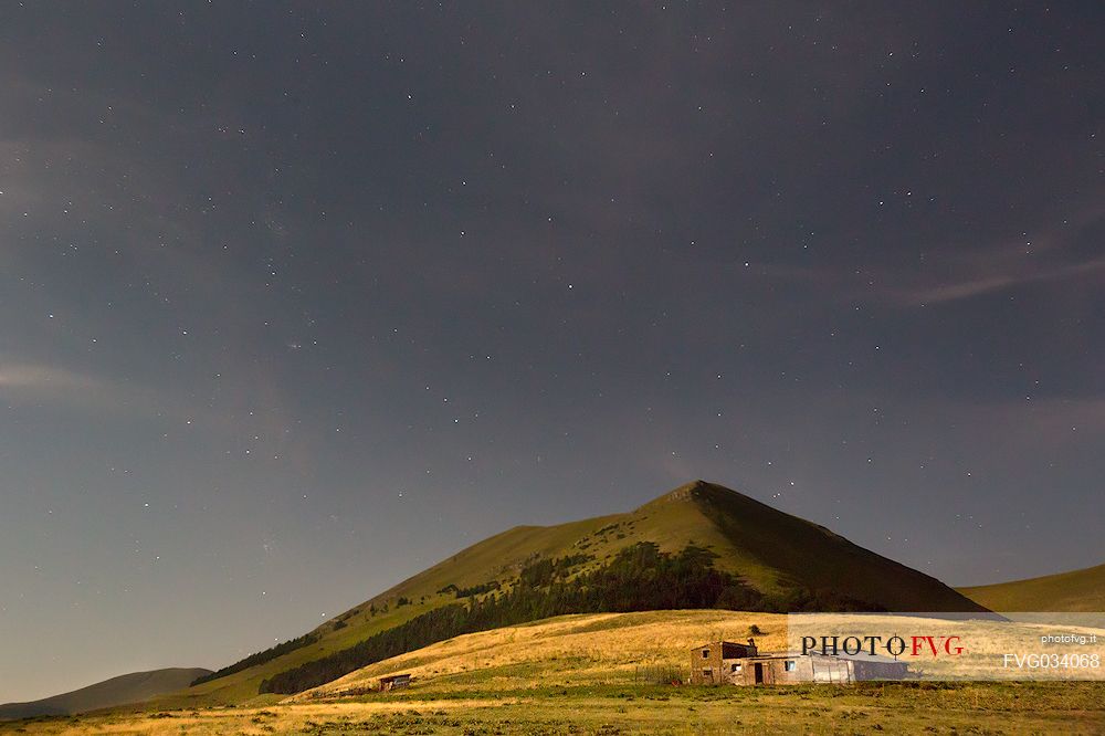 Nightscape of the meadows of Castelluccio di Norcia, Sibillini national park, Umbria, Italy, Europe