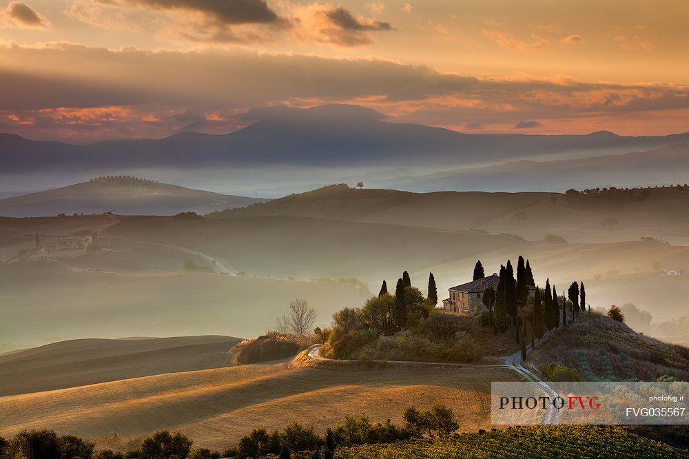 The beauty of the Belvedere farm at dawn, Pienza, Orcia valley, Tuscany, Italy, Europe