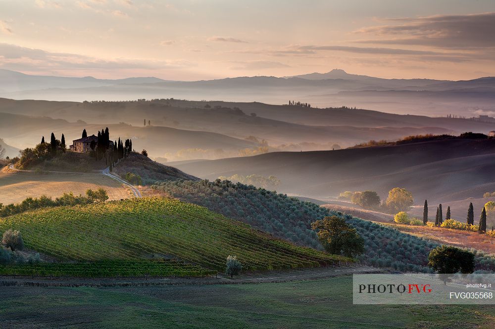 The beauty of the Belvedere farm at dawn, Pienza, Orcia valley, Tuscany, Italy, Europe