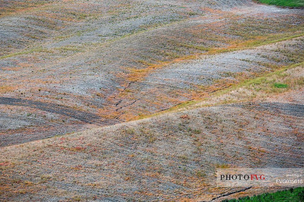 Detail of dry land in Orcia valley, Tuscany, Italy, Europe