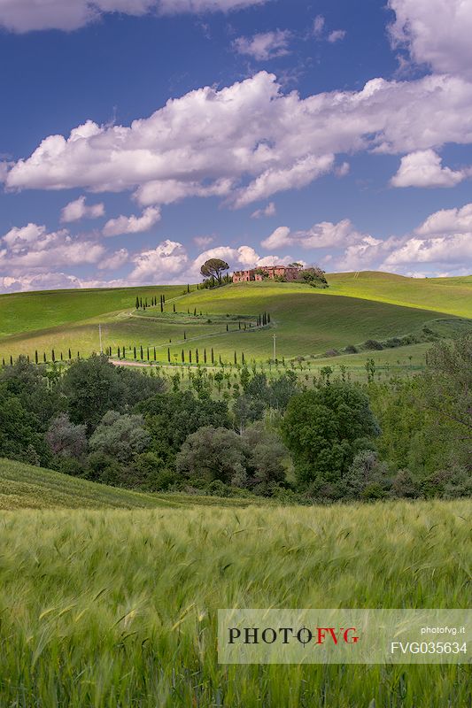 The beauty of the hills in Val d'Orcia, ridges and farmhouses typical of Tuscan beauties, Tuscany, Italy, Europe