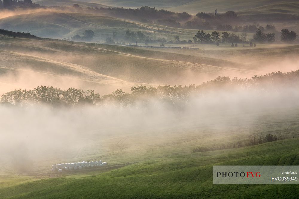 The beauty of the hills of the Val d'Orcia in the fog, Tuscany, Italy, Europe