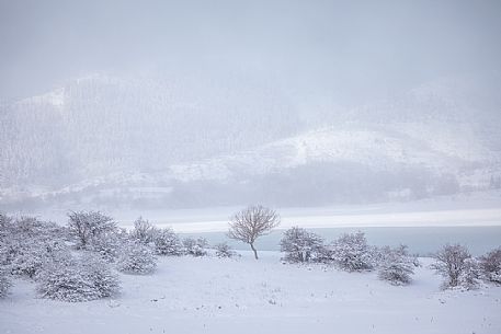 A clearing snowstorm reveal the peaks of the Gran Sasso mountain range, Campotosto lake, Gran Sasso and monti della Laga national park, Abruzzo, Italy