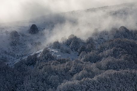 A view on the west side of the lake of Campotosto, Gran Sasso and Monti della Laga national park, Abruzzo, Italy