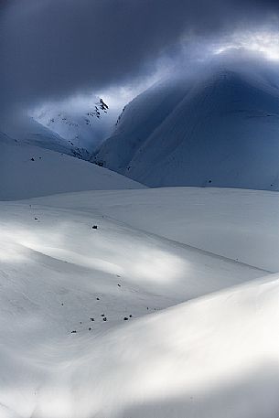 The light that penetrates draws particular shapes on the snowy ground along the road to Mount Prata, Sibillini National Park, Marches, Italy, Europe The light that penetrates draws particular shapes on the snowy ground along the road to Mount Prata, Sibillini National Park, Marches, Italy, Europe