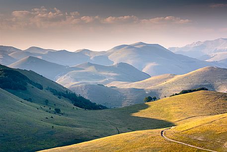 View from the Pantani of Accumoli towards Sibillini mountain range, Marches, Italy, Europe