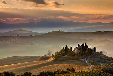 The beauty of the Belvedere farm at dawn, Pienza, Orcia valley, Tuscany, Italy, Europe