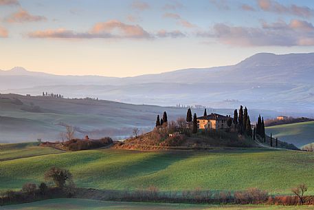 The beauty of the Belvedere farm at dawn, Pienza, Orcia valley, Tuscany, Italy, Europe