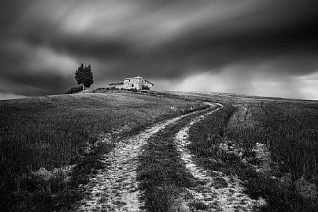 Thunderstorm over the old farmhouse in the Orcia valley, Tuscany, Italy, Europe