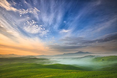 The beauty of the hills in Val d'Orcia in the fog at sunrise, Pienza, Orcia valley, Tuscany, Italy