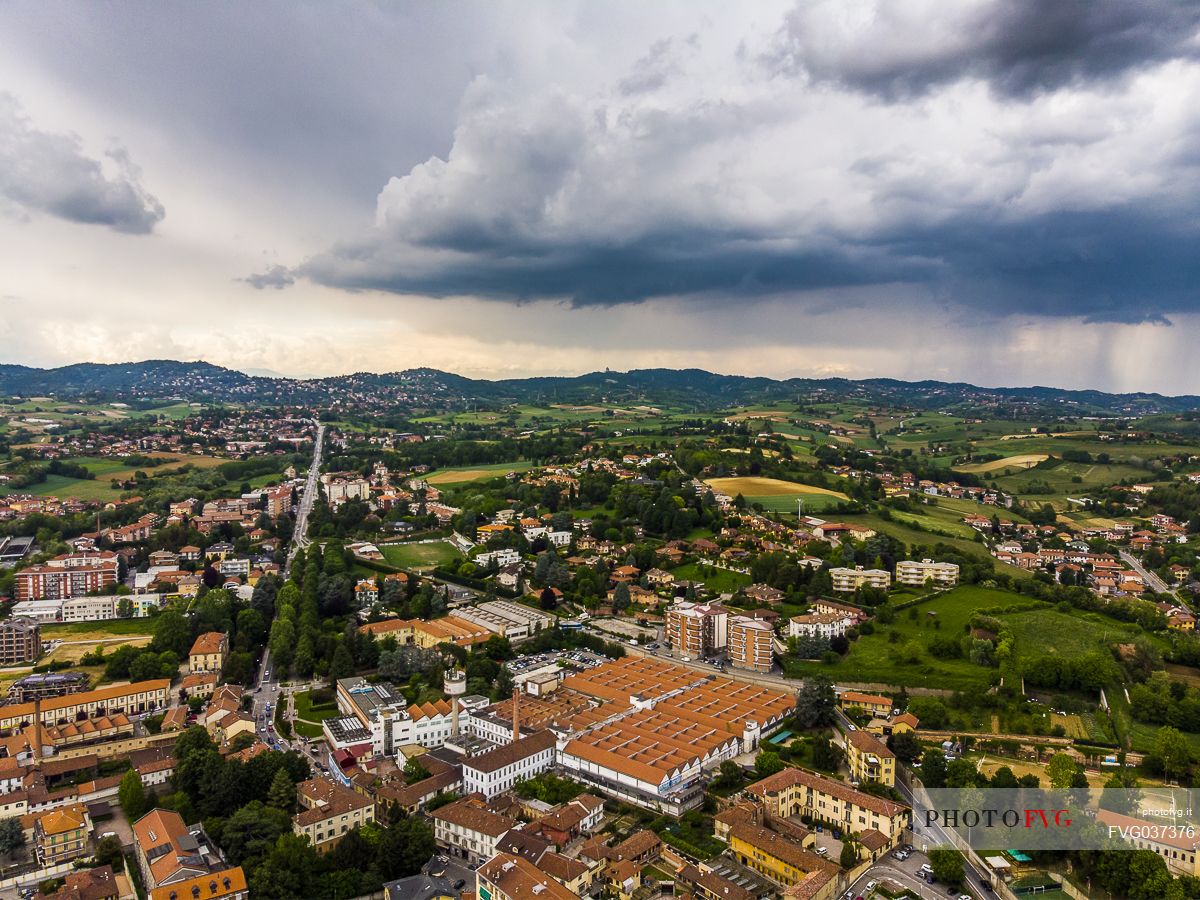 Aerial view of an incoming storm in Chieri, Turin, Piedmont, Italy, Europe