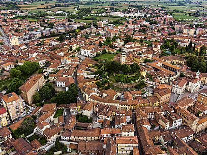 Aerial view of Chieri town with the Church of San Giorgio in Chieri, Turin, Piedmont, Italy, Europe