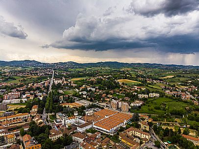 Aerial view of an incoming storm in Chieri, Turin, Piedmont, Italy, Europe