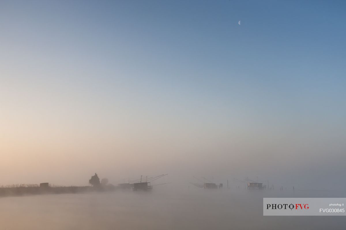 Fishing houses called Padellone or Bilancione in the Valli di Comacchio, Emilia Romagna