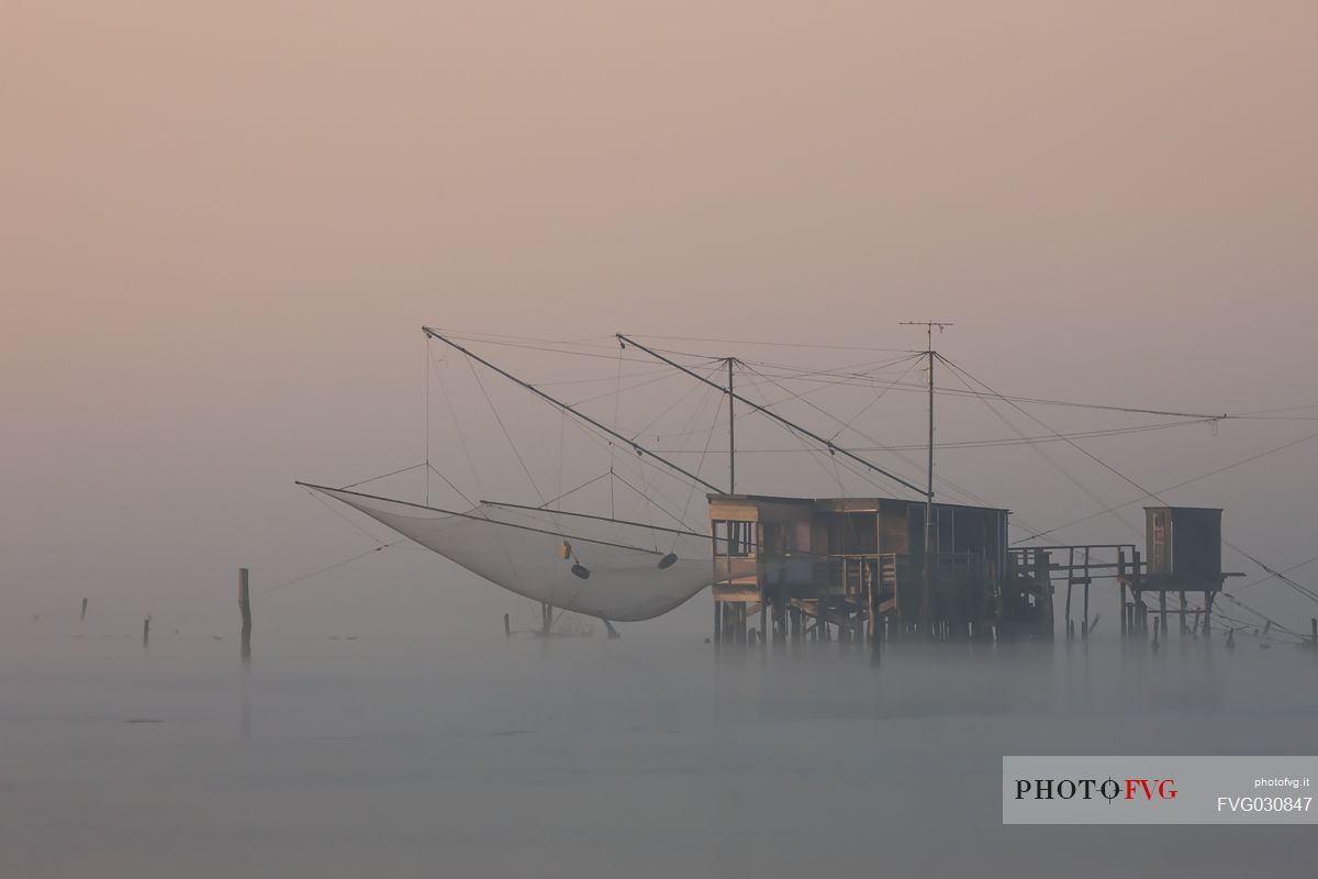 Typical fishing house called Padellone or Bilancione in the Valli di Comacchio, Emilia Romagna