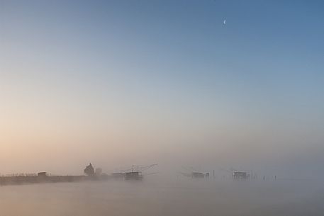 Fishing houses called Padellone or Bilancione in the Valli di Comacchio, Emilia Romagna