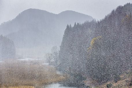 Pratignano lake in a snowstorm, Apennines, Emilia Romagna