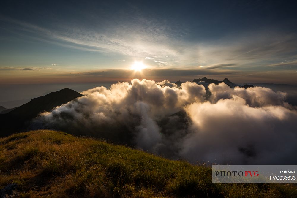 Sunset on Apuane alps from Penna di Sumbra mountain peak, Tuscany, Italy, Europe