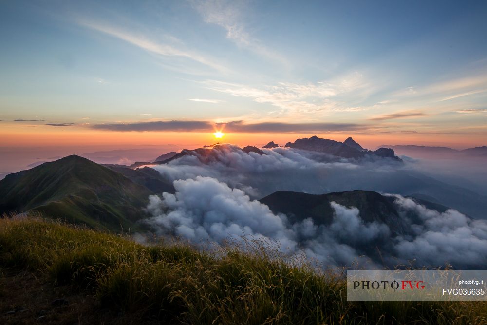 Sunset on Apuane alps from Penna di Sumbra mountain peak,Tuscany, Italy, Europe