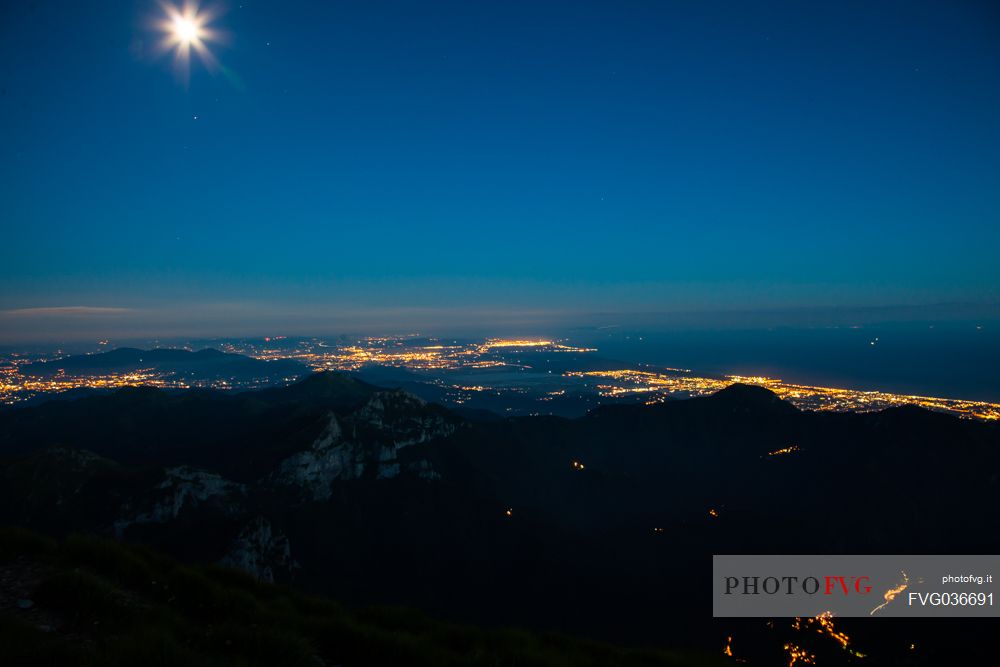 Night view on Versilia from Mount Pania in the Apuane Alps, Tuscany, Italy, Europe