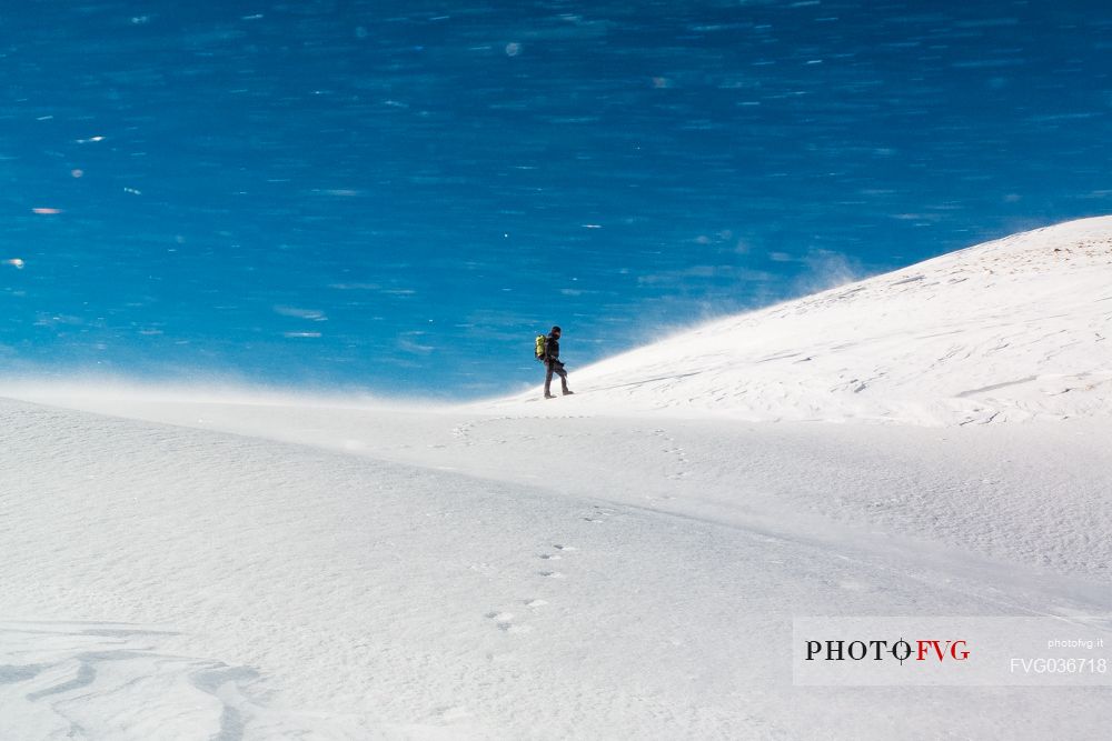 Man waling in the blizzard in the Apuane Alps, Sagro mount, Tuscany, Italy, Europe