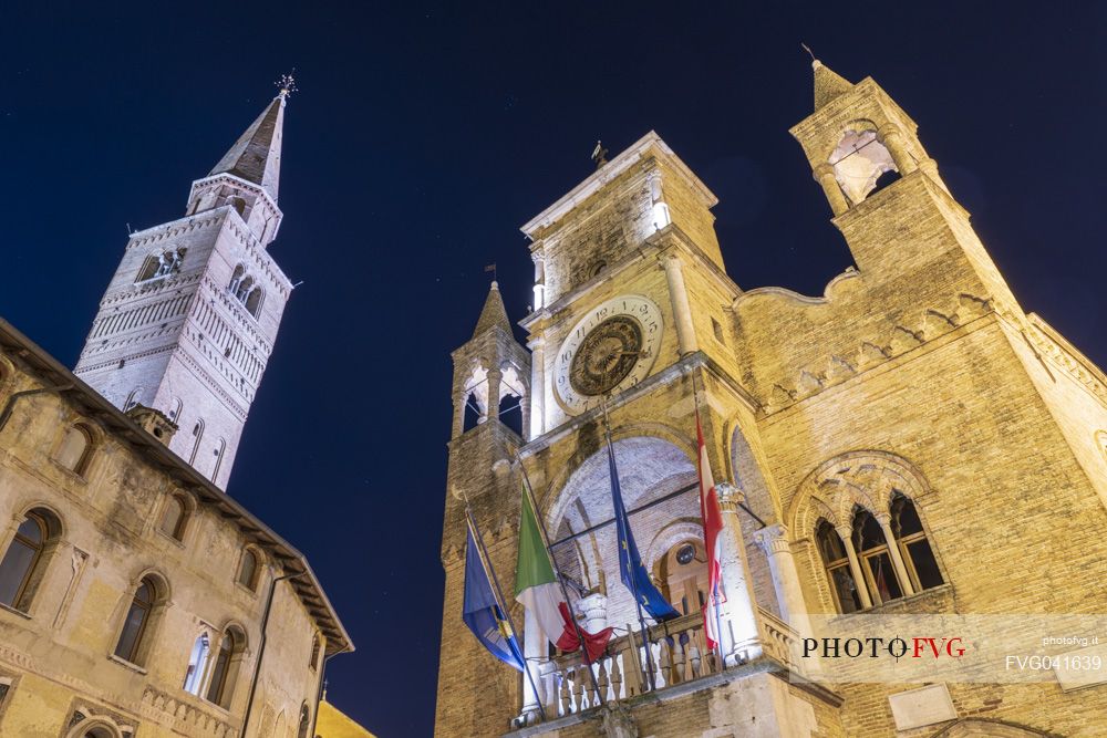 The ancient town hall and bell tower of Duomo di San Marco,  Pordenone town by night, Friuli Venezia Giulia, Italy, Europe