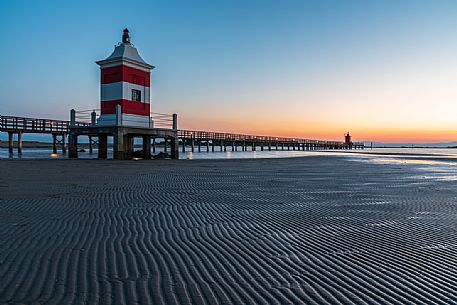 Old lighthouse in Lignano Sabbiadoro at twilight, Adriatic coast, Friuli Venezia Giulia, Italy, Europe