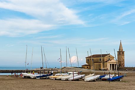 The sanctuary of the Madonna dell'Angelo is a church in Caorle on the shore of the Adriatic Sea, Caorle, Venetian lagoon, Italy The sanctuary of the Madonna dell'Angelo is a church in Caorle on the shore of the Adriatic Sea, Caorle, Venetian lagoon, Italy