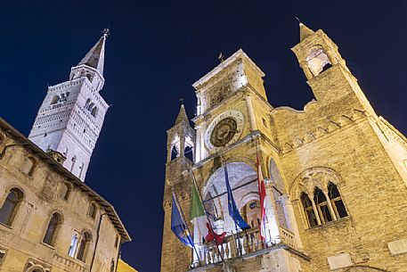 The ancient town hall and bell tower of Duomo di San Marco,  Pordenone town by night, Friuli Venezia Giulia, Italy, Europe