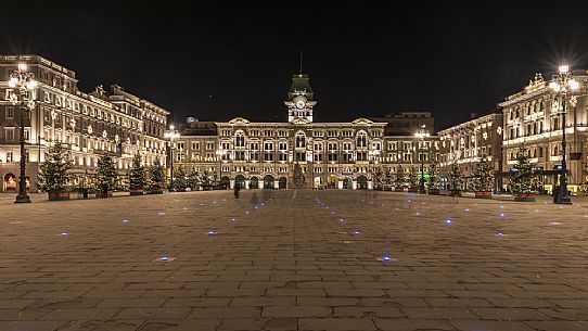 Christmas light in Piazza Unit d'Italia square, Trieste, Friuli Venezia Giulia, Italy, Europe