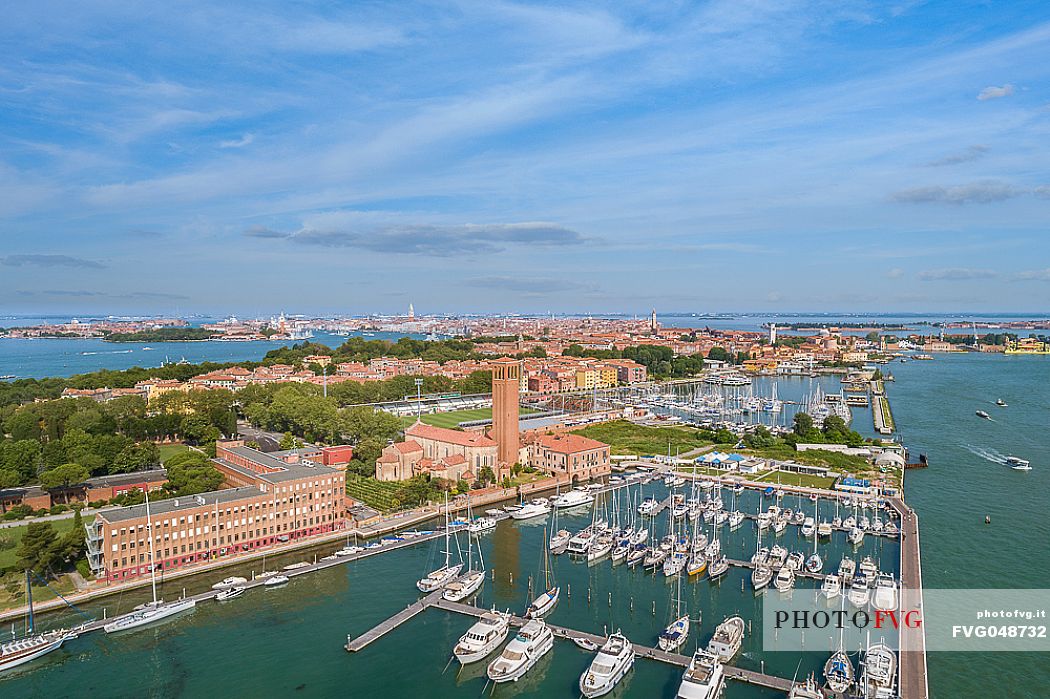 Shot from above of the Island of Sant'Elena and its dock