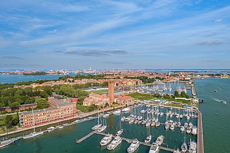 Shot from above of the Island of Sant'Elena and its dock