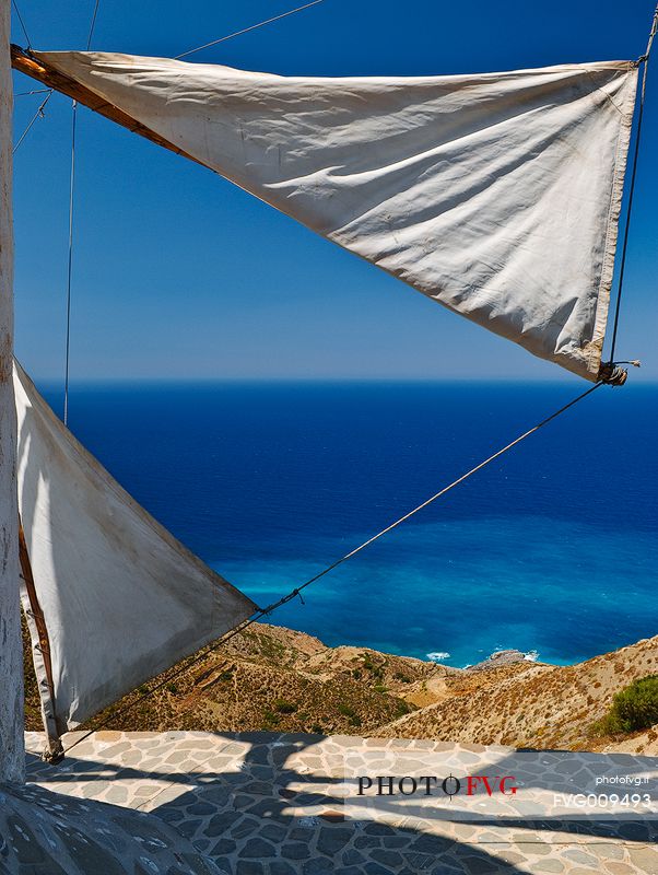 A detailed closeup of the blades of a windmill built in the greek town of Olympos on Karpathos island