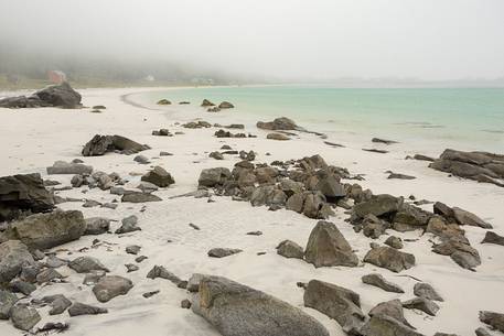 The white beach of Ramberg in fog