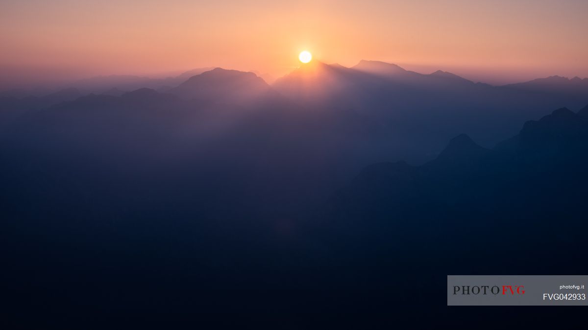 Sunset over Ledro Valley seen from Creino Peak over the Garda Lake, Trentino Alto Adige, Italy, Europe