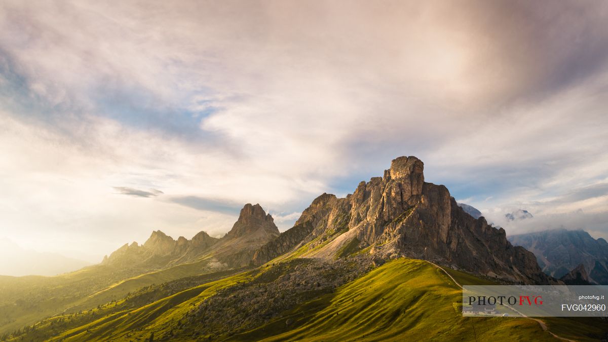 Ra Gusela, Averau and Nuvolao peaks during a cloudy sunset, Cortina d'Ampezzo, dolomites, Veneto, Italy