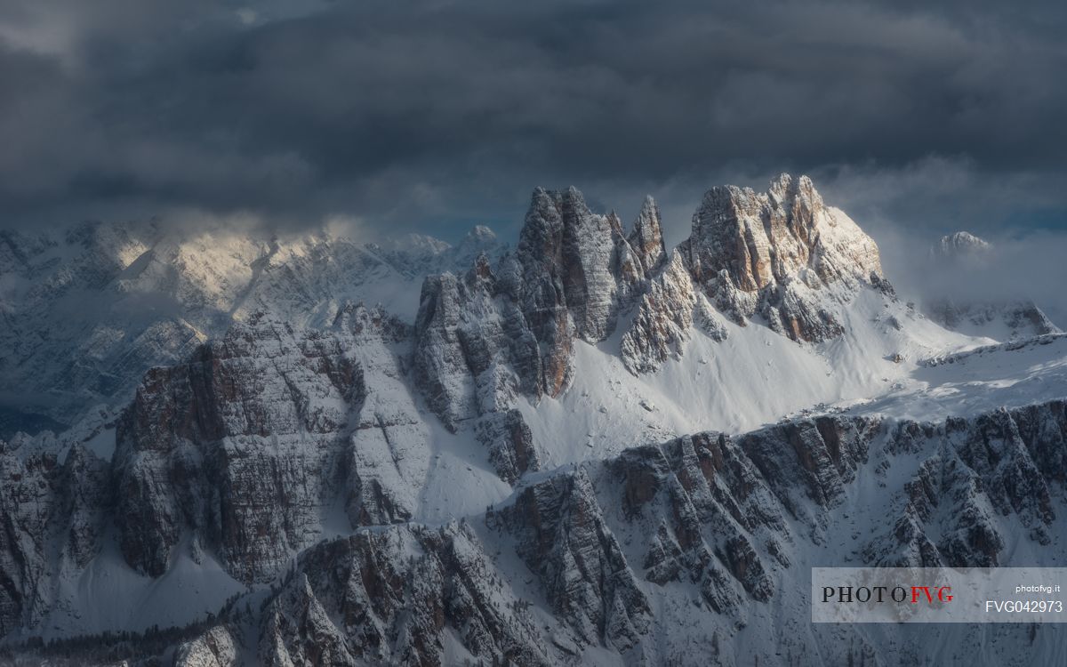 Croda da Lago mount illuminated by the sun after a heavy snowfall, view from the Lagazuoi refuge, dolomites, Cortina d'ampezzo, Veneto, Italy, Europe