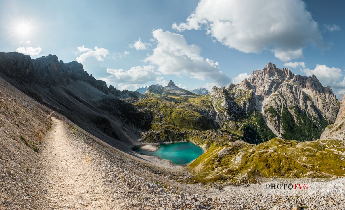 The Piani lakes with Mount Paterno on the left, the Toblin tower in the center and the Crodoni di San Candido on the right, Tre Cime natural park, dolomites, South Tyrol, Italy, Europe