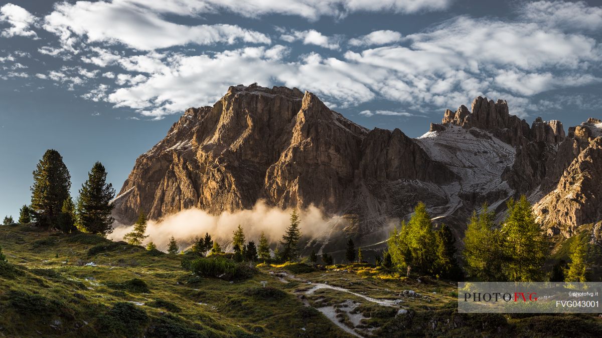 Lagazuoi mount at sunset from the lake of Limedes, Falzarego, dolomites, Cortina d'Ampezzo, Veneto, Italy, Europe