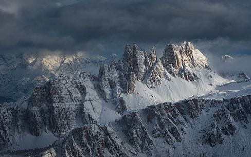 Croda da Lago mount illuminated by the sun after a heavy snowfall, view from the Lagazuoi refuge, dolomites, Cortina d'ampezzo, Veneto, Italy, Europe