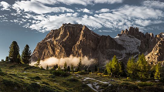 Lagazuoi mount at sunset from the lake of Limedes, Falzarego, dolomites, Cortina d'Ampezzo, Veneto, Italy, Europe