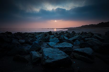 Brussa beach at sunset, Caorle, Adriatic coast, Veneto, Italy, Europe Brussa beach at sunset, Caorle, Adriatic coast, Veneto, Italy, Europe