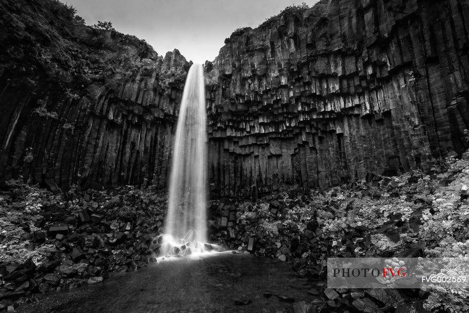 A darkness view of the Svartifoss waterfall in a Skaftafell National Park