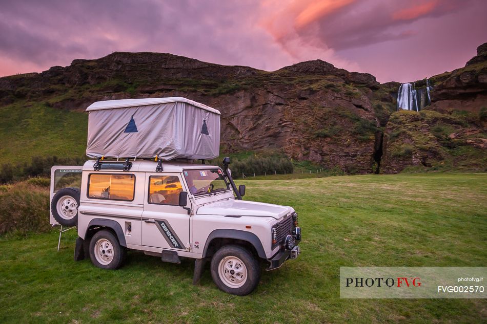 Camping at the dusk in the Seljalandsfoss waterfall area